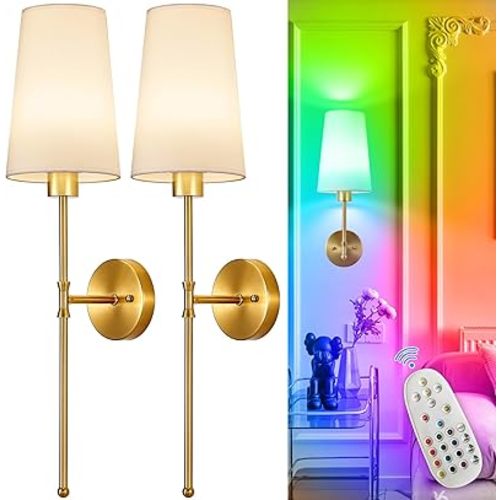Depuley Battery Operated Wall Sconce: 27" Set of 2 Wireless Wall Lights with Remote for Bedroom - Rechargeable 15 Colors Gold Wall Lamp for Living Room Hallway Decor