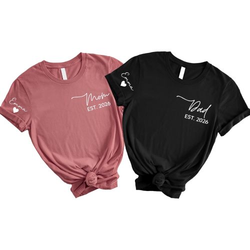 coreus Custom Mom Shirt and Dad Shirt with Kids Names Est 2026 Personalized Dad and Mom Tee for New Parents Fathers