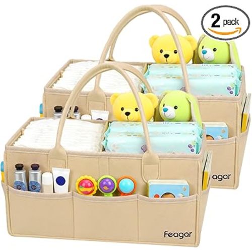 Feagar Baby Diaper Caddy Organizer, 15 Inch Large 2 Pack Set with 8 Pockets & 2 Dividers, Portable Nursery Storage Basket & Car Organizer for Changing Table, Travel (Khaki)