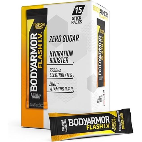 BODYARMOR Flash I.V. Electrolyte Packets, Tropical Punch, Zero Sugar Drink Mix, Single Serve Packs, Coconut Water Powder, Hydration for Workout, Travel Essential, Just Add Sticks to Liquid (15 Count)
