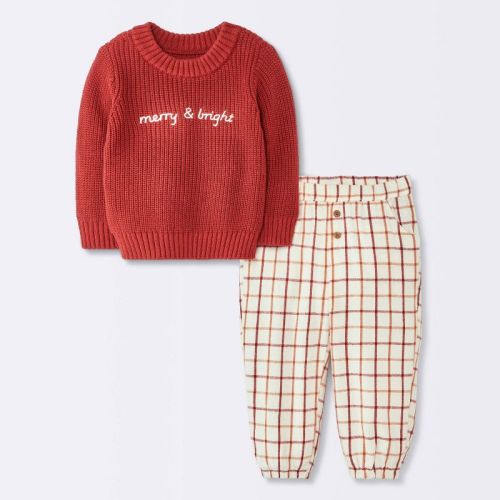 Baby Boys' 2pc Christmas Holiday Merry and Bright Sweater and Gingham Pants Set - Cloud Island™ Red 6-9M