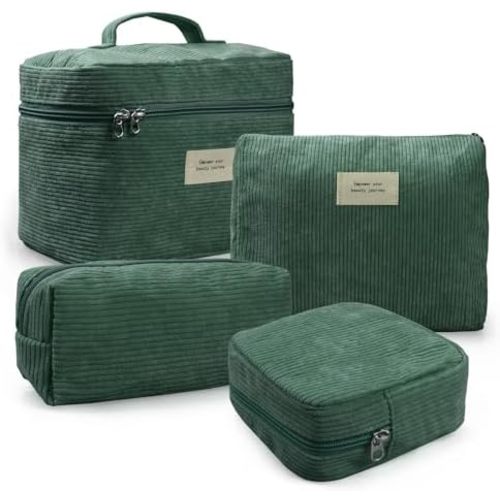 4 Pcs Makeup Bag for Women Corduroy Cosmetic Bag Aesthetic Cute Bags Multi Size Purse Pouch Travel Toiletry Bag Set Makeup Organizer with Zipper(Green)