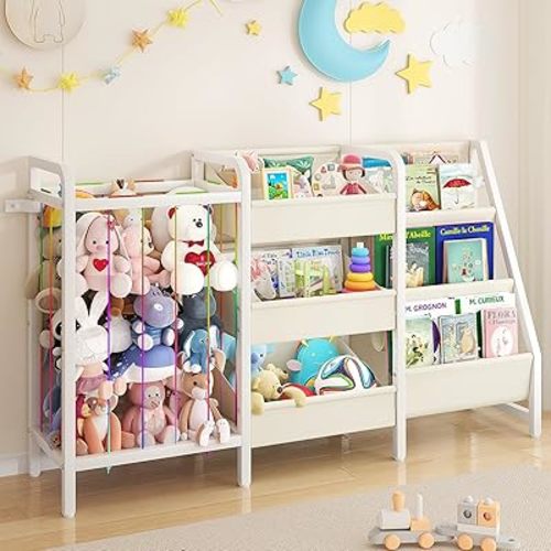 B2 Kids Bookshelf and Toy Storage, 3 Tier Book Shelf for Kids Rooms, Sling Toddler Bookshelf with Stuffed Animal Storage, Montessori Baby Bookcase for Nursery, Bedroom, Playroom, White