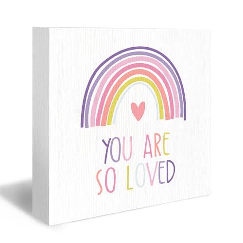 DUXMNAMG Boho Rainbow Kids Nursery Wood Box Sign - Inspirational Desk Shelf Decor, You Are So Loved Colorful Rainbow Wooden Block Plaque Box Sign for Home Kids Room Nursery Playroom Decorations