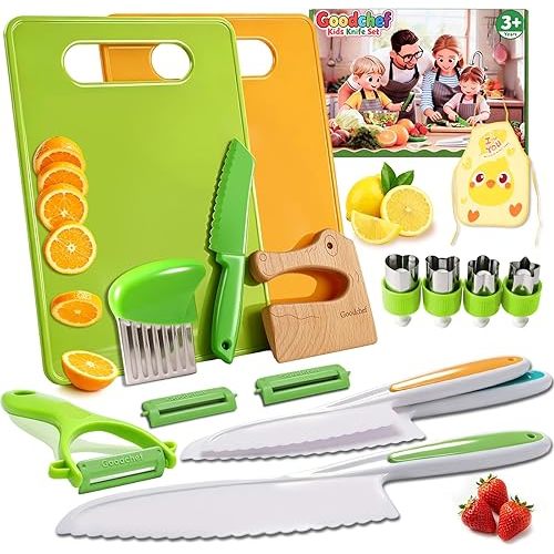 16 PCS Toddler Knife Set-Montessori Kitchen Tools for Toddlers-Kids Knife Set for Real Cooking with Kid Safe Knife Safe Plastic Peeler Kid Cutting Board Child-Friendly Tools