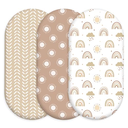 3 Pack Stretchy Bassinet Sheets for Baby Girl Boy, Soft Breathable Baby Bassinet Mattress Sheets Fit for Hourglass Oval Cradle, Moses Basket Rectangle Mattress (Brown Rainbow)