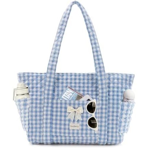 Quilted Tote Bag for Women, Quilted Floral Tote Bags with Zipper, Cute Bow Cotton Patchwork Shoulder bag for Daily