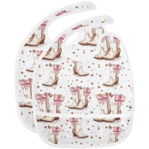 Caikeny Baby Feeding Bibs Cowgirl Boots Infant Drooling Bibs Cow Print Food Bibs with Pocket for Toddler Girls Boys Set of 2