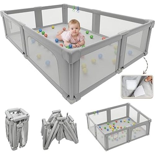 Baby Playpen, 73" x 61" Large Foldable Playpen with Mat for Babies and Toddlers, Play Pen with Soft Breathable Mesh, Ocean Balls and Pull Links, Baby Playard for Indoor & Outdoor, Gray