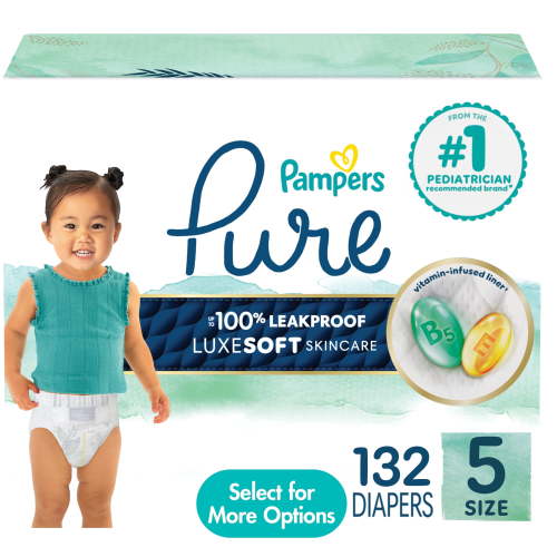 Free Shipping! Pampers Pure Baby Diapers Size 5, 132 Count, Hypoallergenic Leak Barrier with Cotton Outer