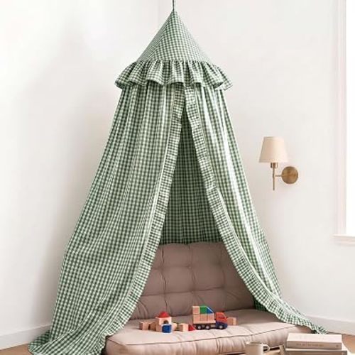 SmoothNovelty Gingham Plaid Bed Canopy, Green White, Round