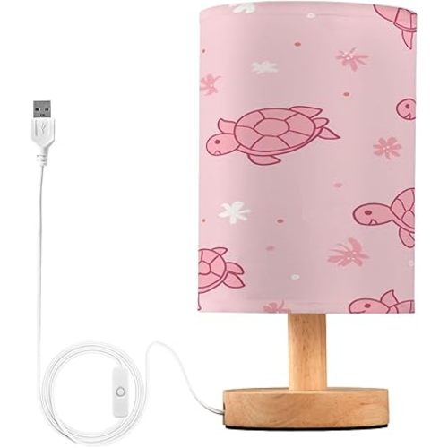 Minimalist Night Stand Light Lamp - Pink Turtles Bedside Table Lamp with USB Port，Wood Base Round Flaxen Fabric Shade Desk Reading Lamp for Living Room Office Dorm