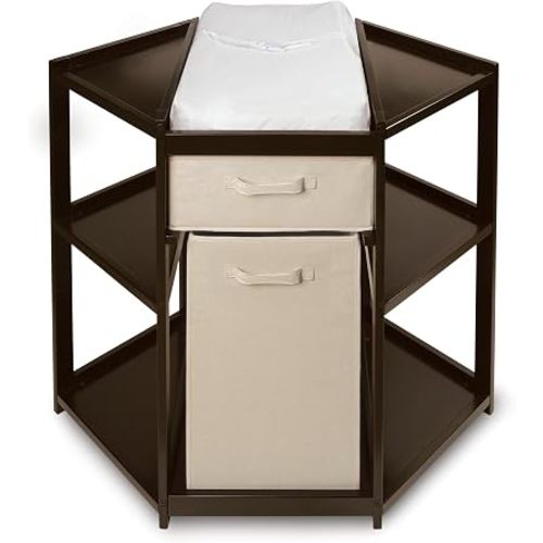 Badger Basket Corner Baby Changing Table - Space-Saving Diaper Changing Station for Nursery with Storage Bin, Changing Pad and Safety Belt - Organizer for Newborn and Infant Essentials - Espresso