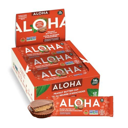 ALOHA Organic Plant Based Protein Bars - Peanut Butter Cup Bar - 12 Bars, Vegan, Low Sugar, Gluten-Free, Low Carb, Non-GMO, No Stevia, No Erythritol