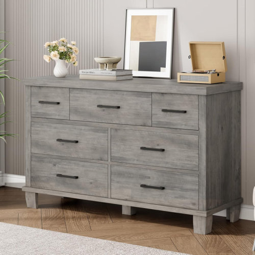 Ebern Designs 51" Wide 7 Drawer Dresser, Modern Wood Chest with Metal Handles for Bedroom, Black | Wayfair