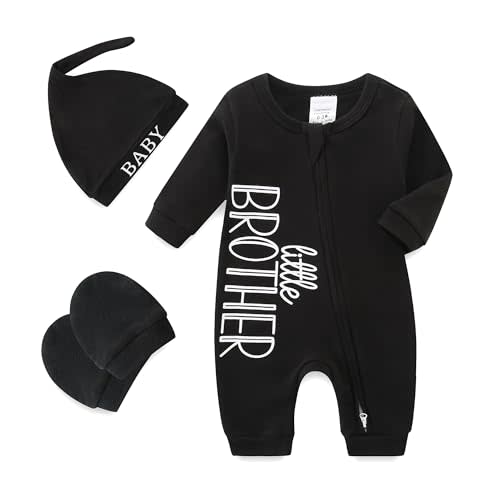 Babymine 100% Cotton 2-Way Zipper Little Brother Newborn Outfit 0-3 Months Coming Home Romper with Mittens and Hat