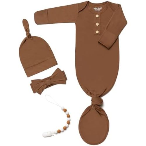 Newborn Baby Knotted Gown, Super Soft Silky Infant Sleeper, Baby Girl Sleep Gown with Mittens, Bow, Clip and Hat Set