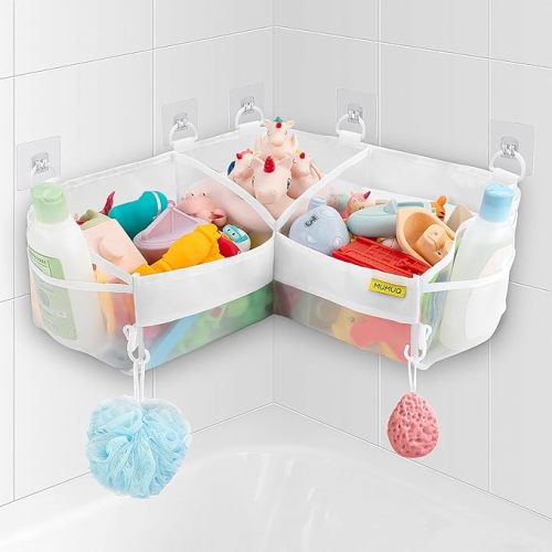 3 Compartments Bath Toy Storage Corner Bath Toy Holder for Bathtub, Kids Tub Toys Organizer with Adhesive Hooks, Quick-Drying Machine-Washable Mesh Bathroom Organizer for Tidy Bathtub