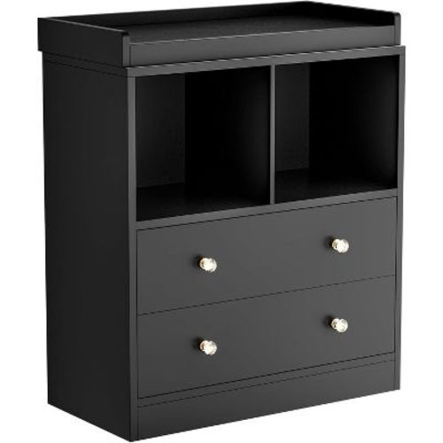 Modern 2-Drawer Nursery Changing Table with Media Shelves, Black Baby Dresser with Crystal Knobs, Diaper Storage Organizer, Anti-Tip Safety