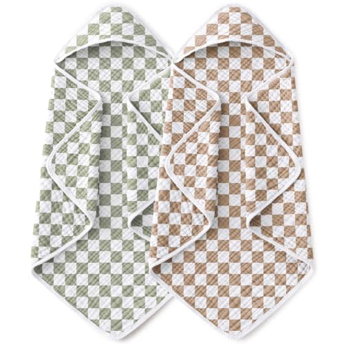 Yoofoss Hooded Baby Bath Towels 2 Pack 100% Muslin Organic Cotton with Hood | for Newborn, Babies, Infant, Toddler and Kids, 32x32 Inch, Soft and Absorbent, Baby Essential, Green Brown Checkered