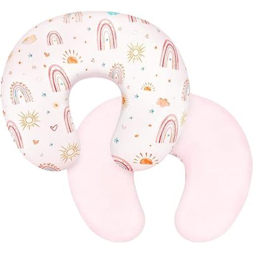 CARUILI Nursing Pillow Cover 1 Pack, Removable Nursing Pillow Cover for Breastfeeding Pillows, Super Soft Comfortable Slipcover for Boy and Girls, Pink & Sunshine Rainbow