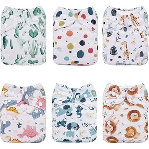 ALVABABY 6 Pack Cloth Diaper with 12 Inserts One Size Adjustable Washable Reusable Diaper Cover for Baby Girls Boys 6DM6