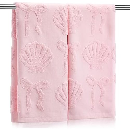 2 Pcs Coastal Pink Hand Towels for Bathroom Coquette Seashell Beach Bow Hand Towels 100% Cotton Absorbent Decorative Jacquard Weave Bath Decor Preppy Bathroom Decor Gift, 13.7 x 29.5 Inch