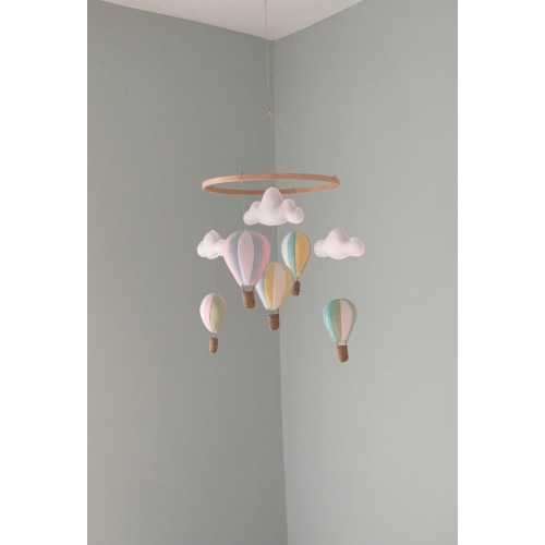 Pastel Hot Air Balloon Nursery Mobile: Felt Clouds, Baby Shower Decor Pink Blue