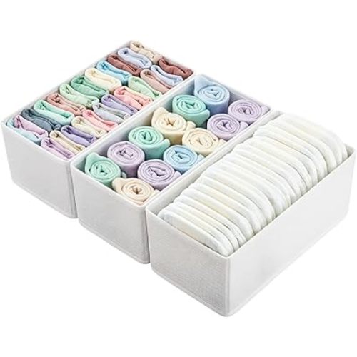 Sock Underwear Drawer Organizer 3-Pack Raw White - Foldable Small Storage Bins for Bras & Baby Clothes, 11" Fabric Dividers for Closet