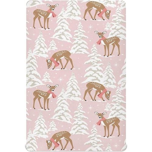Fitted Crib Sheets Christmas Fawn Pine Trees Snowflake Stretchy Portable Playard Sheets for Baby Toddler, Breathable Soft Mini Crib Mattress 39 x 27 in for Boys and Girls