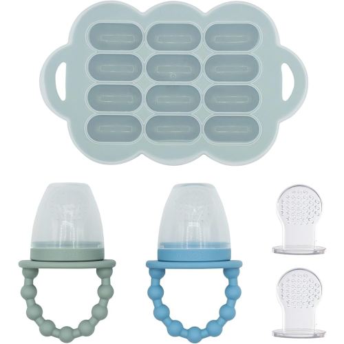 WeeSprout Baby Food Feeder Set - 2 Silicone Feeders & Reusable Freezer Tray with Lid - BPA-Free Fresh Fruit & Veggie Pacifier for Babies & Toddlers - Double as Teething Toys - Dishwasher Safe