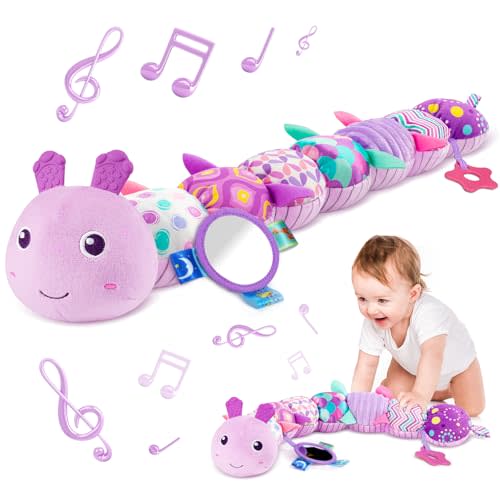 Sumobaby Infant Baby Musical Stuffed Animal Activity Soft Toys with Multi-Sensory Crinkle, Rattle and Textures, for Tummy Time 0-3-6-12 Months Girls, Caterpillar, Purple with Mirrow