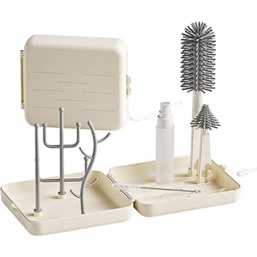 6-in-1 Baby Bottle Brush Set with Nipple Brush, Silicone Bottle Brush,Straw Brush, Soap Dispenser, Drying Rack, Portable Travel Cleaning Kit for Newborn Care with Baby Essential