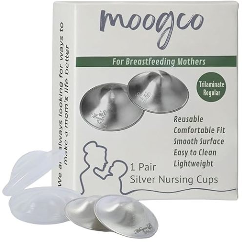 MOOGCO The Original Silver Nursing Cups - 999k Silver Nipple Cups - Nipple Shields for Breastfeeding Newborn – Protective Silver Nipple Covers for Nursing Moms (TriLaminate Regular)