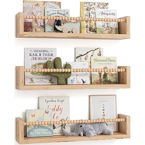 Nursery Book Shelves, Set of 3, Floating Shelves for Toddler, Nursery Decor(Wood, 16.5 Inches)