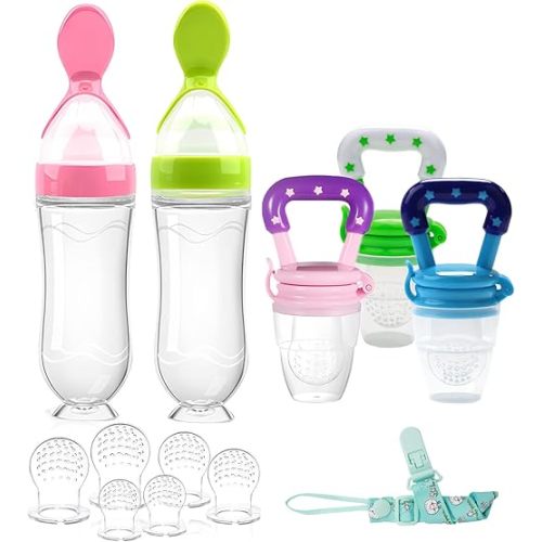 Food Feeder Baby Fruit Feeder Pacifier (3 Pcs) with 6 Different Sized Silicone Pacifiers,Silicone Baby Food Dispensing Spoon 90ML with 2 Babies Spoons Pacifier Clip Infant Fruit Teething Feeders-Pink