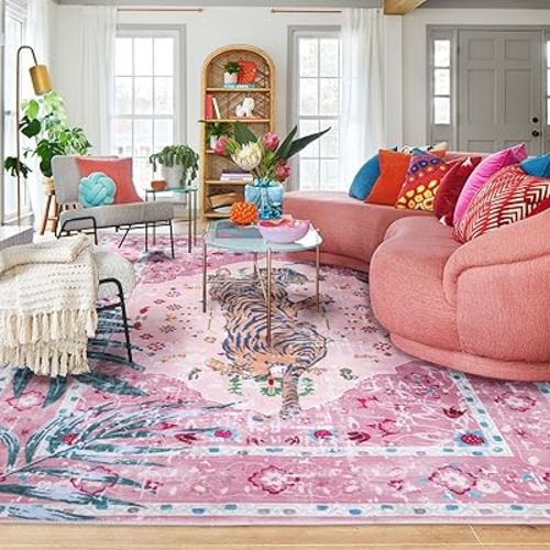 5x7 FT Leopard Rug for Living Room Pink Leopard Vintage Animal Rug Aesthetic Pink Rugs for Girls Room Nursery Bedroom Home Office Dorm Thin Bright Blush Pink Carpet (Light Pink, 5X7 FT)