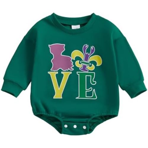 Infant Baby Girl Boy Mardi Gras Outfit Letter Embroidered Long Sleeve Bubble Romper Sweatshirt Fall Clothes