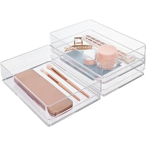 STORi SimpleSort 3-Piece Stackable Clear Drawer Organizer Set | 9" x 6" x 2" Rectangle Trays | Wide Makeup Vanity Storage Bins and Office Desk Drawer Dividers | Made in USA