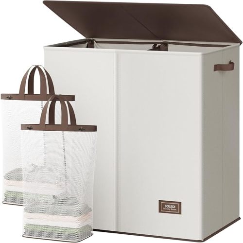 SOLEDI Large Double Laundry Hamper with Lid,165L Collapsible Clothes Hamper 2 section with Removable Bags, Space-Saving Laundry Basket for Bedroom, Dorm, College
