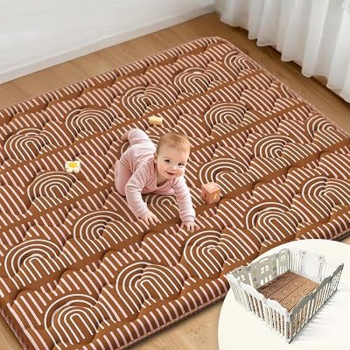 Mallify Soft Thicker Baby Mat for Floor 71"x59", Extra Large Baby Play Mat, Non-Slip Playpen Mat, Easy to Clean & Portable Playmat, Crawling Mat for Babies Toddlers, Activity Center, Rainbow, Brown