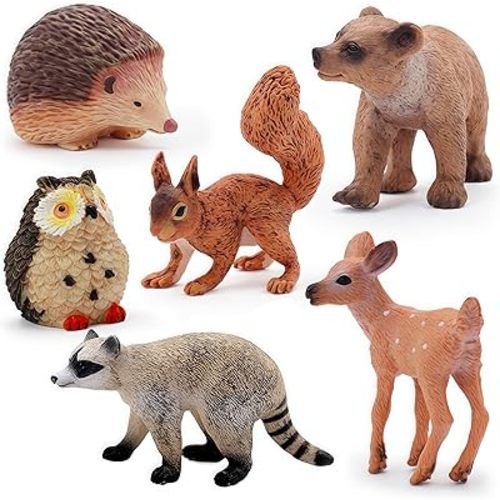 Gemini&Genius Woodland Animal Toys, 6Pcs Forest Animal Toy Figures with Bear, Hedgehog, Deer, Raccoon, Squirrel and Owl, North American Wildlife Great Cake Toppers for Baby Shower and Gifts for Kids