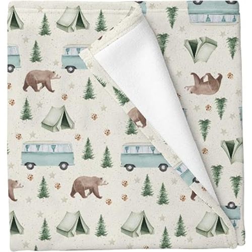 Camp Bear Bus Baby Blankets for Boys Girls Vintage Wild Bear Hiking Adventure Swaddle Receiving Blanket Nature Animal Soft Swaddling Wrap for Unisex Newborn 30x40in