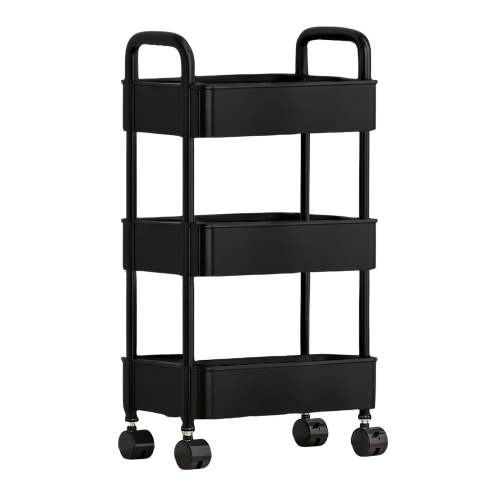 Generic 3-Tier Rolling Utility Cart with Wheels and Hooks Storage Rack Black