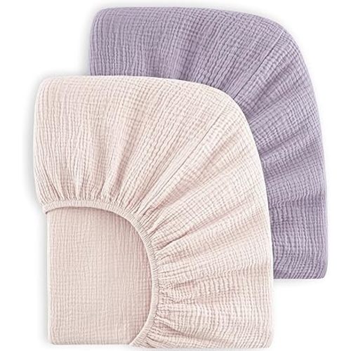 Bearmoss Muslin Crib Sheets 100% Cotton Baby Crib Sheets Fitted for Standard Crib Mattress & Toddler Bed Mattress 52"x28" Soft Breathable Crib Sheet Neutral for Boys Girls - 2 Pack (Pink Purple)