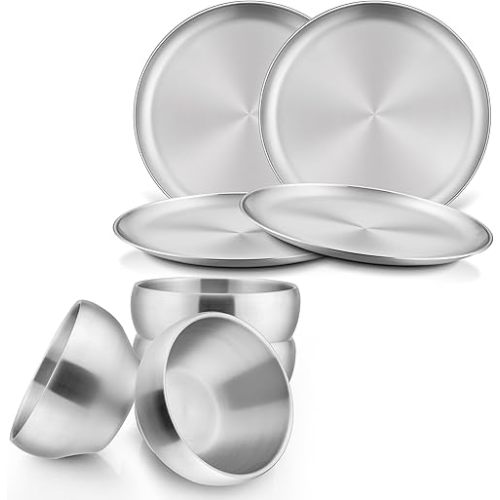 HaWare Kids Plates and Bowls, 8 Pieces Stainless Steel Dish Set, Reusable Dinnerware for Camping, Hiking, Travel, Picnic, Non-toxic Tableware set for Kids Self-feeding, Dishwasher Safe