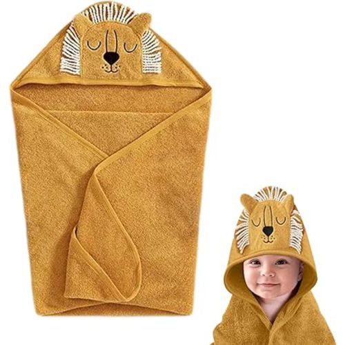Baby Hooded Towel, Premium Cotton Bath Towel Toddlers 0-3 Years, Extra Large 35 x 35 in, Animal Hood with 3D Face and Ears (Orange Lion)