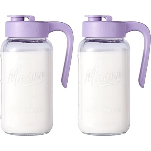 Mason Jar Pitcher - Airtight & Leakproof Glass Pitcher with Lid[set of 2], Perfect for Breastmilk, Cold Brew, and Sun Tea, 2 Quart (64 oz) Mason Jar with Pour Spout Lid