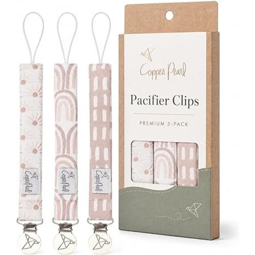 Copper Pearl Pacifier Clip 3-Pack: Premium Knit Binky Holders for Baby Girls and Boys - Stylish Stainless Steel Pacifier Accessory - Prevents Floor Drops - Bliss
