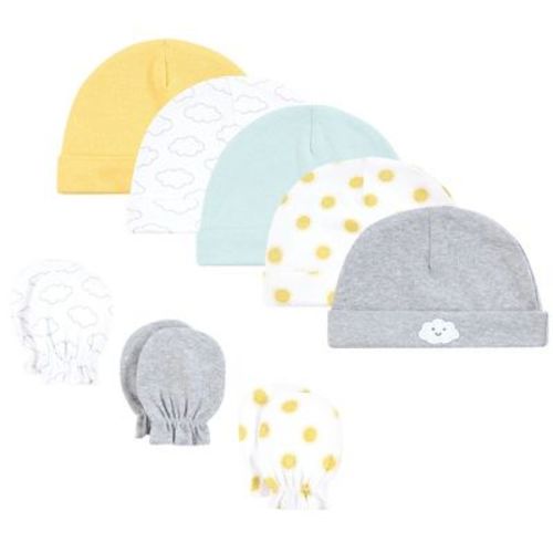 Hudson Baby Infant Cotton Cap and Scratch Mitten Set, Sunshine And Clouds, 0-6 Months